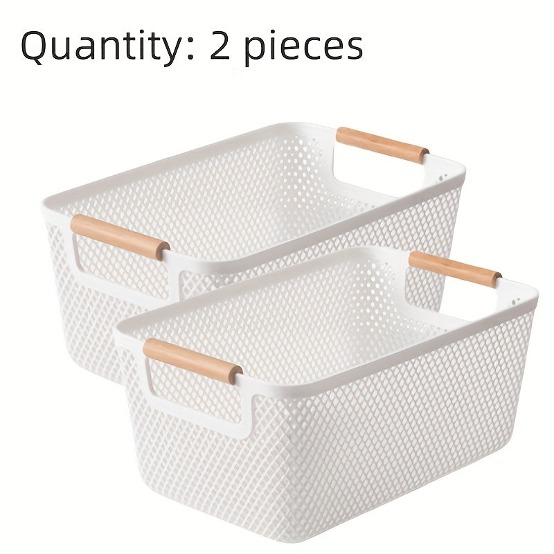 2Pcs Open Top Plastic Storage Basket With Wooden Handles Hollow Design Multipurpose Organizer For Kitchen Bathroom Home