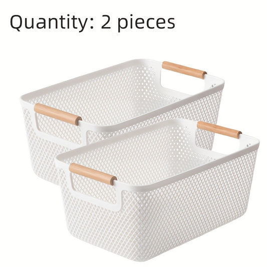 2Pcs Open Top Plastic Storage Basket With Wooden Handles Hollow Design Multipurpose Organizer For Kitchen Bathroom Home