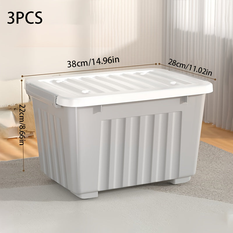 3Pcs Large Stackable Storage Bins With Lid Wheel & Lock Latch Grey Striped Portable Closet Clothes Organizer Box