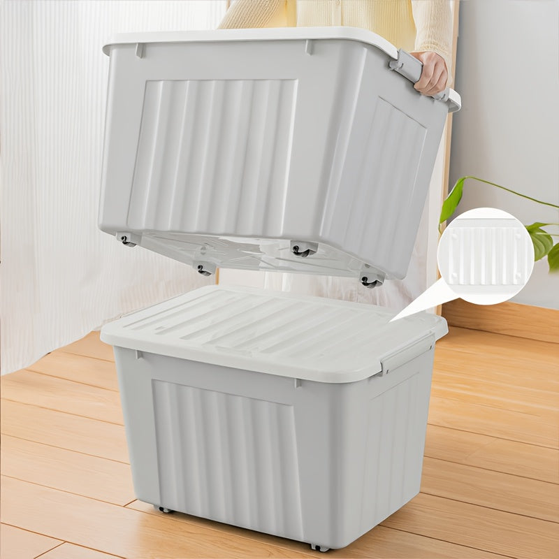 3Pcs Large Stackable Storage Bins With Lid Wheel & Lock Latch Grey Striped Portable Closet Clothes Organizer Box
