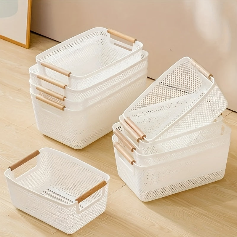 2Pcs Open Top Plastic Storage Basket With Wooden Handles Hollow Design Multipurpose Organizer For Kitchen Bathroom Home