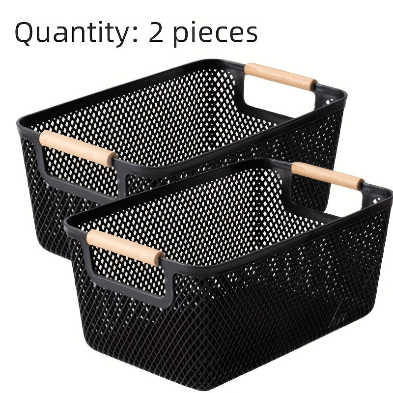 2Pcs Open Top Plastic Storage Basket With Wooden Handles Hollow Design Multipurpose Organizer For Kitchen Bathroom Home