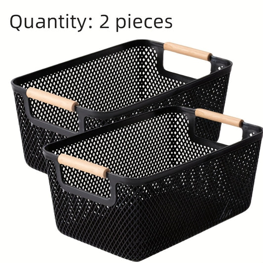 2Pcs Open Top Plastic Storage Basket With Wooden Handles Hollow Design Multipurpose Organizer For Kitchen Bathroom Home