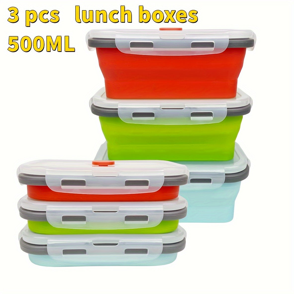 3Pcs Foldable Leak Proof Food Storage Containers Airtight Microwave Freezer Safe 16.91oz Portable Lunch Bento Box
