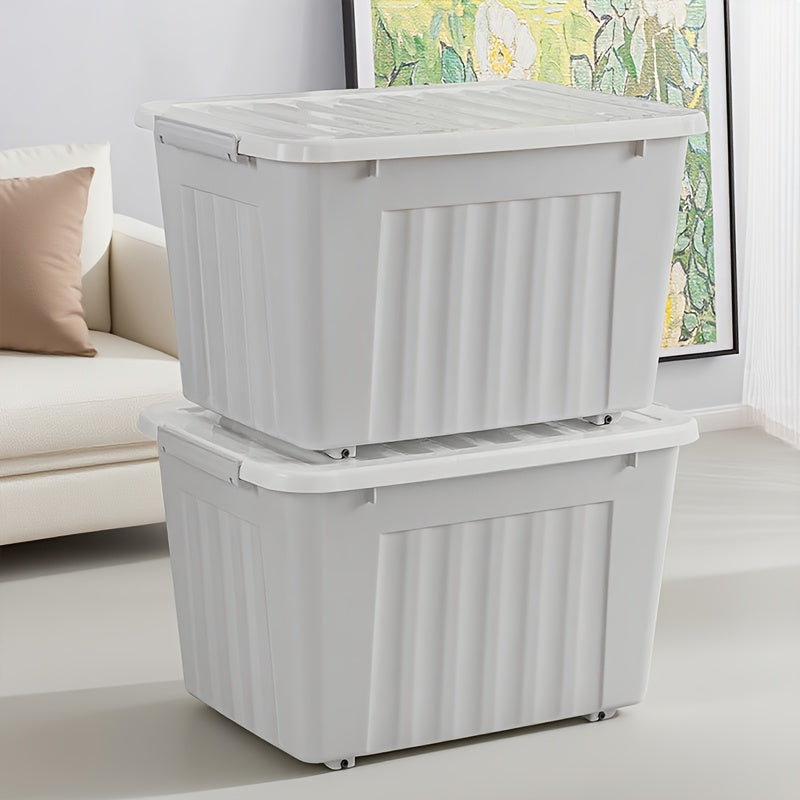 3Pcs Large Stackable Storage Bins With Lid Wheel & Lock Latch Grey Striped Portable Closet Clothes Organizer Box