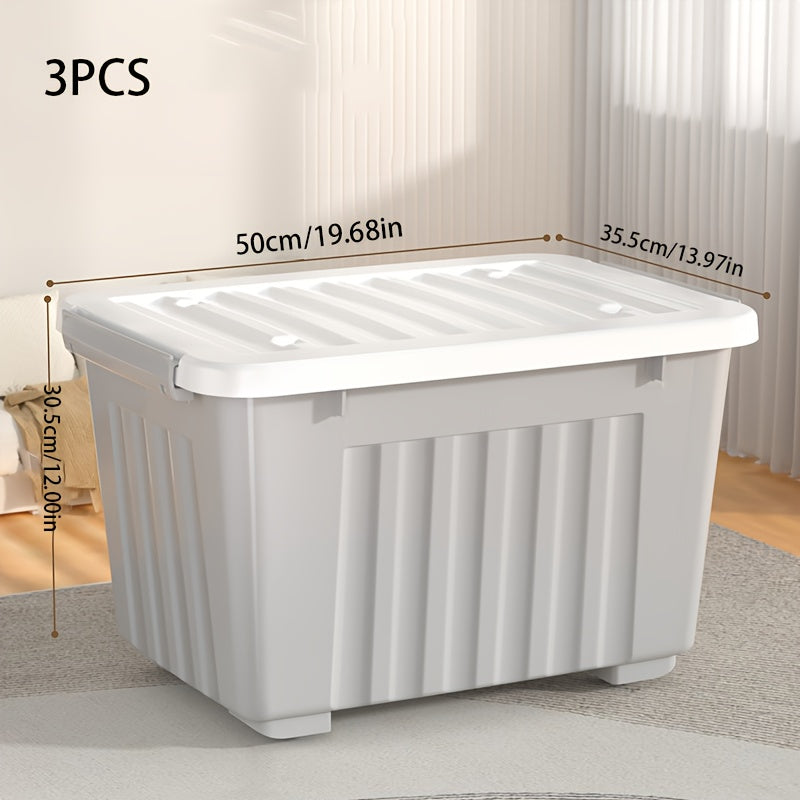 3Pcs Large Stackable Storage Bins With Lid Wheel & Lock Latch Grey Striped Portable Closet Clothes Organizer Box