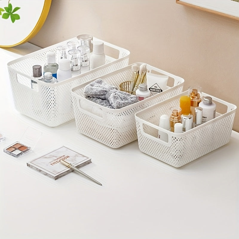 2Pcs Open Top Plastic Storage Basket With Wooden Handles Hollow Design Multipurpose Organizer For Kitchen Bathroom Home