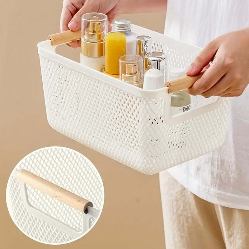2Pcs Open Top Plastic Storage Basket With Wooden Handles Hollow Design Multipurpose Organizer For Kitchen Bathroom Home
