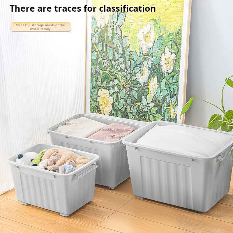 3Pcs Large Stackable Storage Bins With Lid Wheel & Lock Latch Grey Striped Portable Closet Clothes Organizer Box