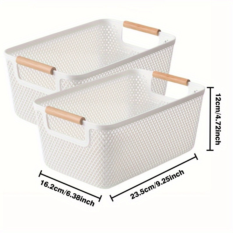 2Pcs Open Top Plastic Storage Basket With Wooden Handles Hollow Design Multipurpose Organizer For Kitchen Bathroom Home