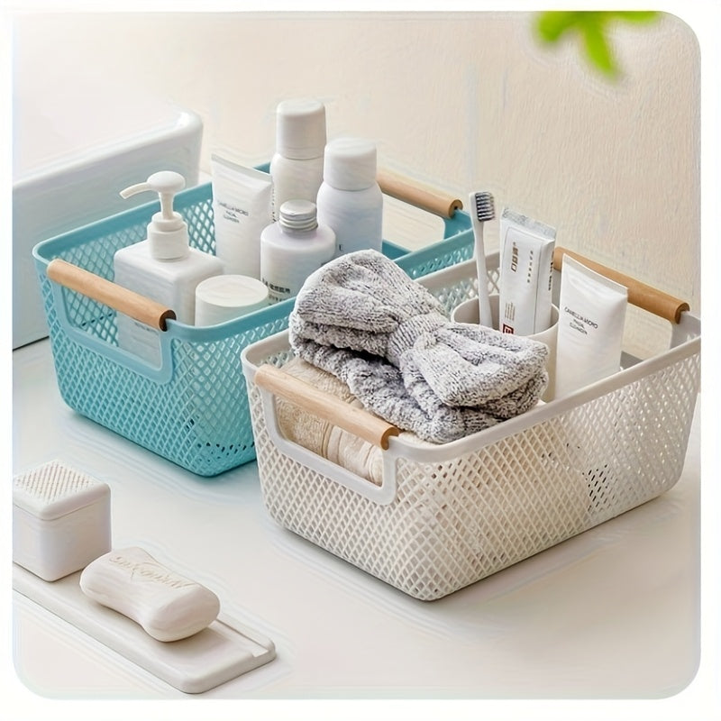 2Pcs Open Top Plastic Storage Basket With Wooden Handles Hollow Design Multipurpose Organizer For Kitchen Bathroom Home