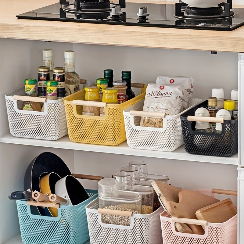 2Pcs Open Top Plastic Storage Basket With Wooden Handles Hollow Design Multipurpose Organizer For Kitchen Bathroom Home