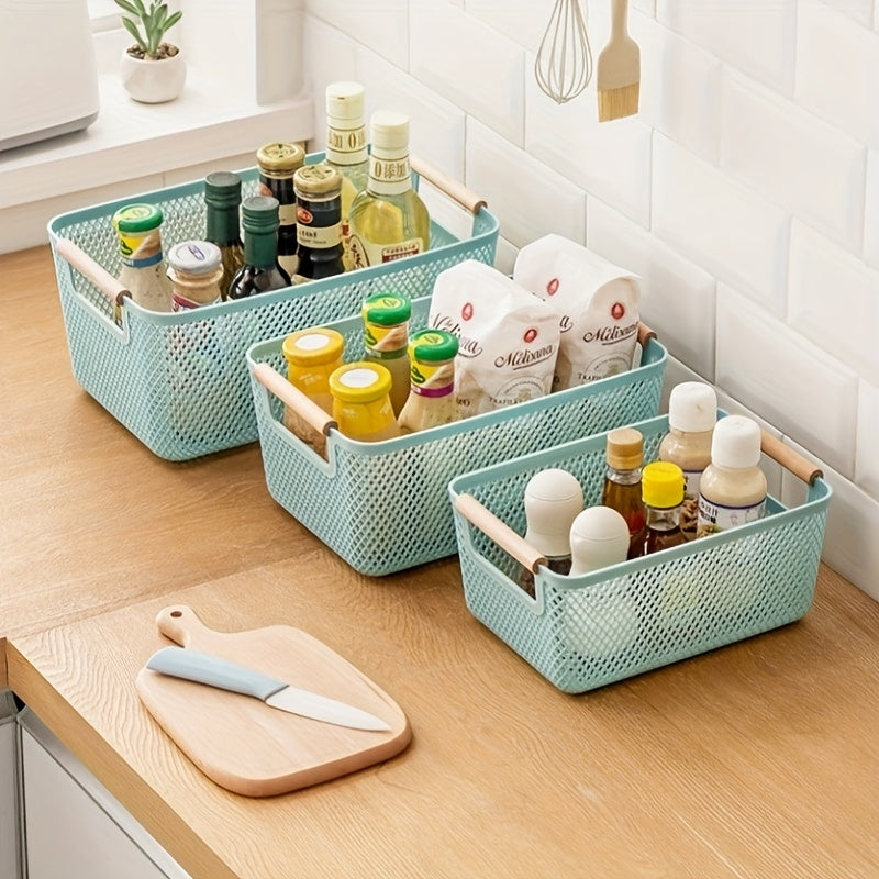 2Pcs Open Top Plastic Storage Basket With Wooden Handles Hollow Design Multipurpose Organizer For Kitchen Bathroom Home